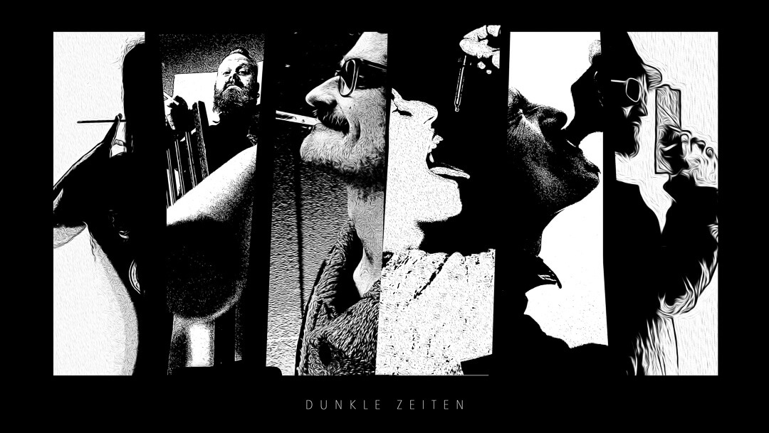 Schwarz-weiß-Collage mit sechs männlichen Porträts in dramatischer Lichtsetzung – im Stil von Sin City. Die Bildausschnitte zeigen symbolisch überzeichnete Szenen von Alkohol, Medikamenten und Waffen, als Kommentar auf innere Zerrissenheit und düstere Lebensphasen. Darunter steht der Titel „Dunkle Zeiten“. Künstlerisches Fotoprojekt mit starker Kontrastwirkung und gesellschaftskritischem Unterton.